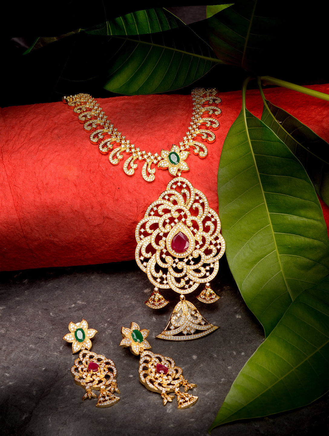 Gold Plated Multi Stone Studded Pendant Style Neclace and Earring Set